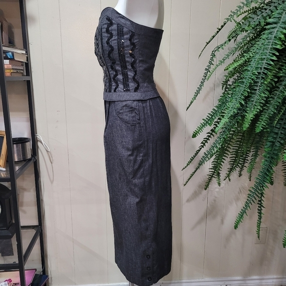 Howard Wolf Denim Strapless Skirt Set Sequin Bustier Women’s Sz 8 Skirt Sz 6 Top - Picture 4 of 14